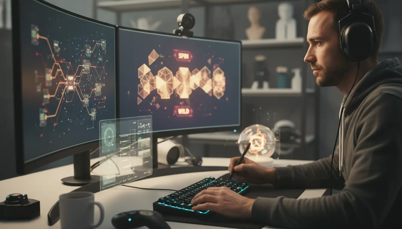 Grafik 3D pracujący z narzędziami AI nad projektem platformy casino
