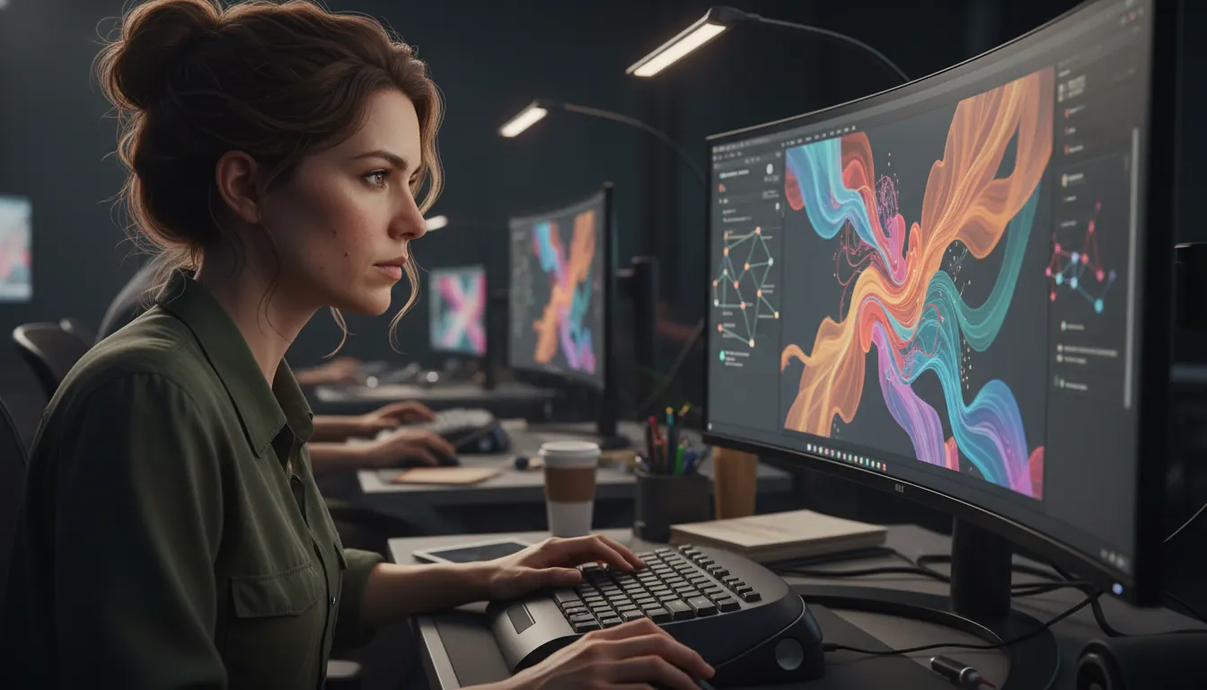 Grafik 3D pracujący z narzędziem AI do generowania tekstur w studiu produkcyjnym
