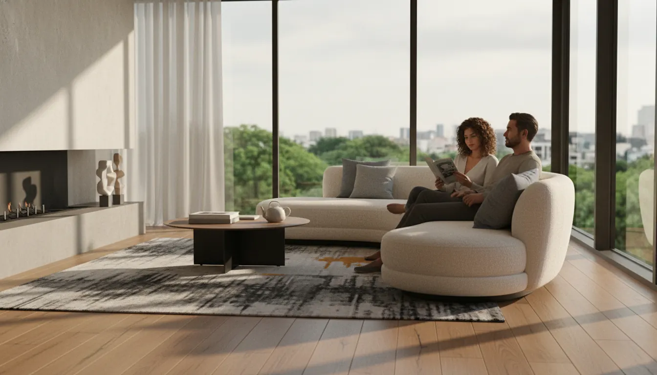 Fotorealistyczny render nowoczesnego salonu z drewnianą podłogą i designerską kanapą