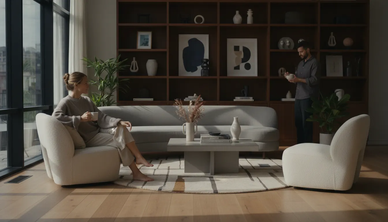 Fotorealistyczny render nowoczesnego salonu z drewnianą podłogą i designerską kanapą