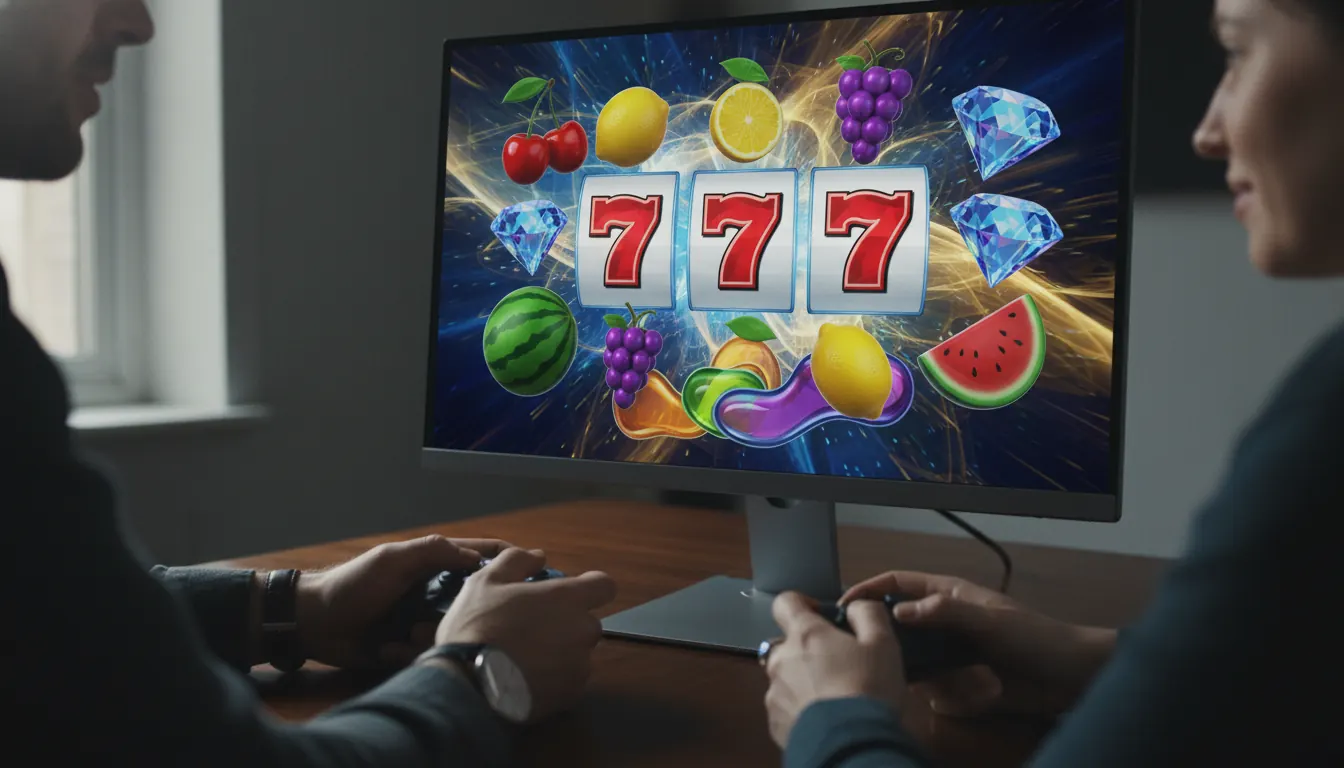 Kolorowe symbole 3D slotów online z owocami, siódemkami i diamentami na ekranie