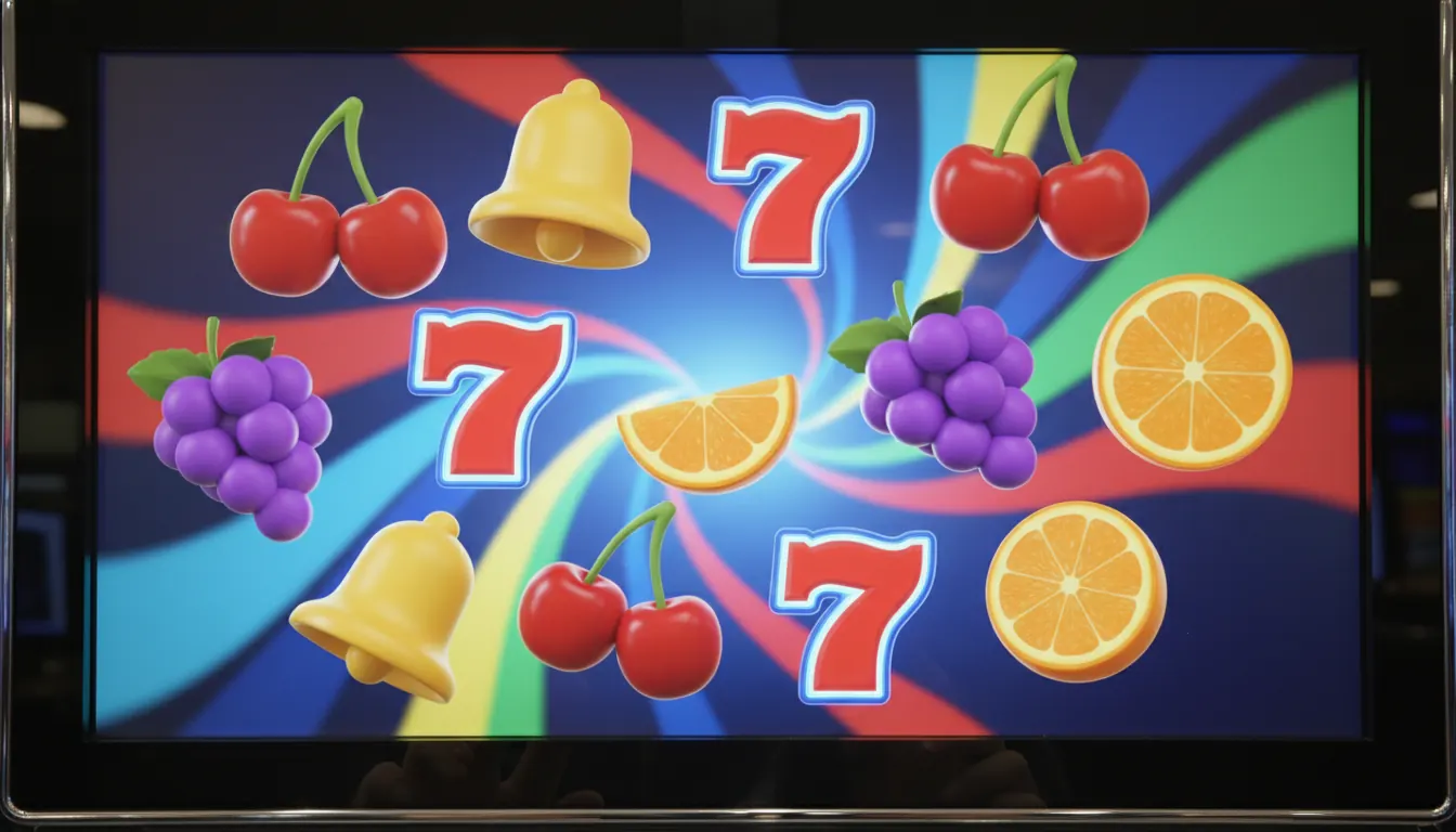 Kolorowe symbole slotów 3D z owocami i siódemkami na ekranie monitora