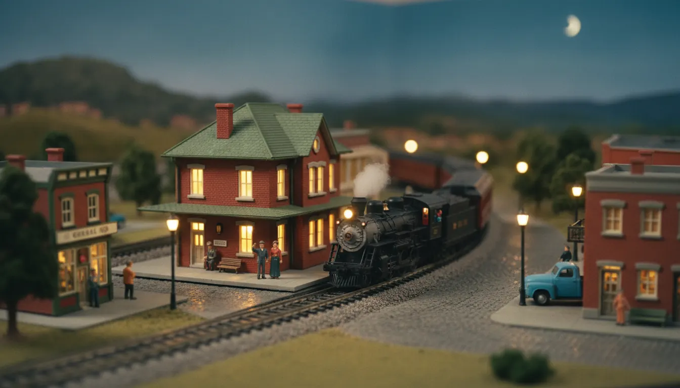 A detailed HO scale model railroad layout featuring a small town scene with lit buildings, a depot, and a steam locomotive passing through