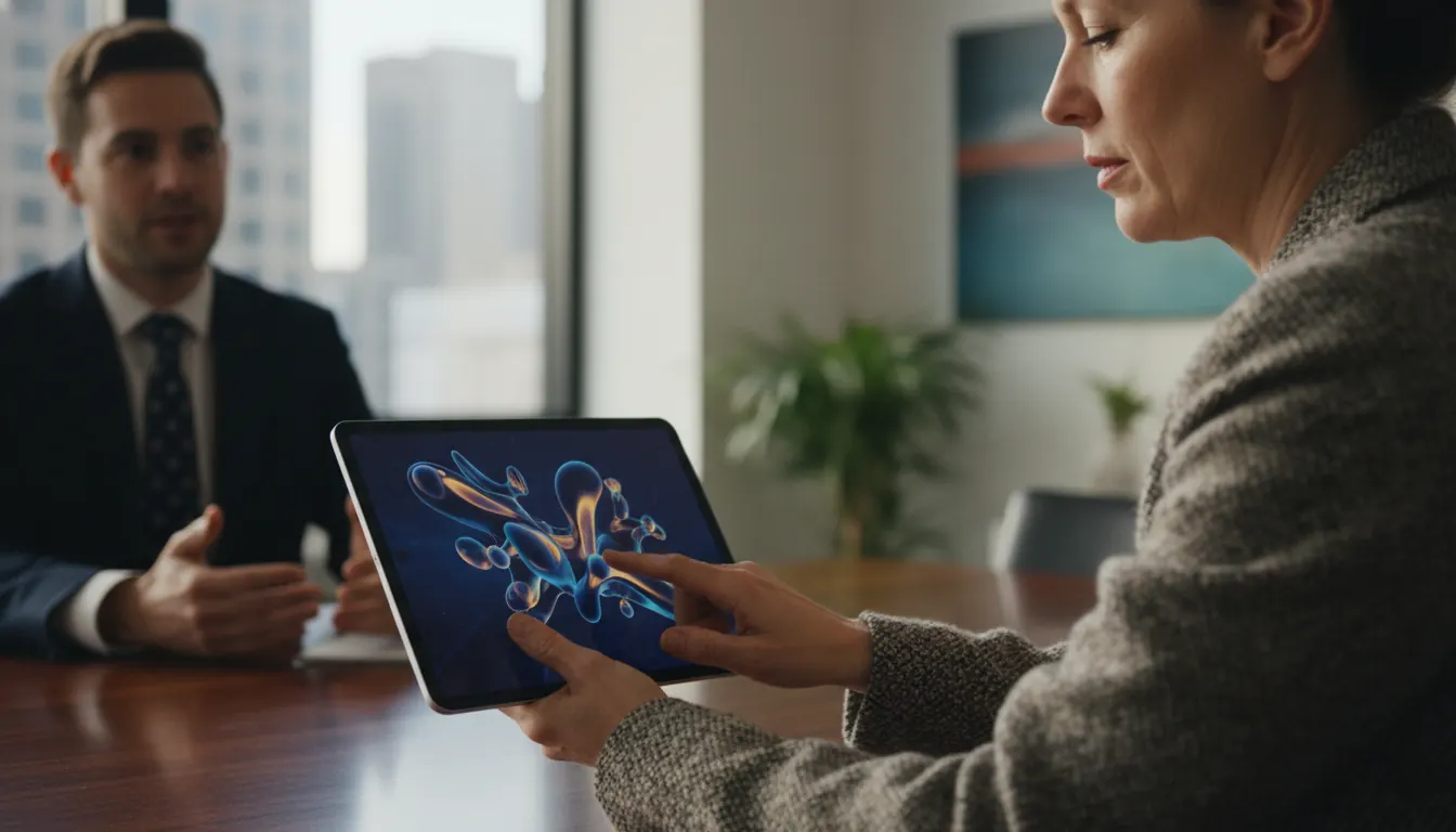 Klient przeglądający portfolio studia grafiki 3D na tablecie podczas spotkania biznesowego
