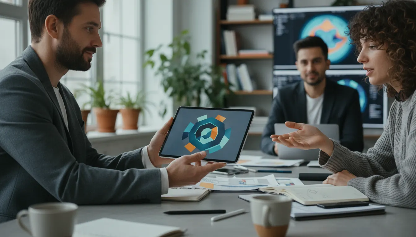 Klient przeglądający portfolio studia grafiki 3D na tablecie podczas spotkania