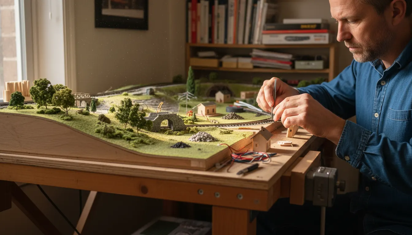 A model railroader carefully placing track sections and scenic materials on a large wooden layout board at a home workbench
