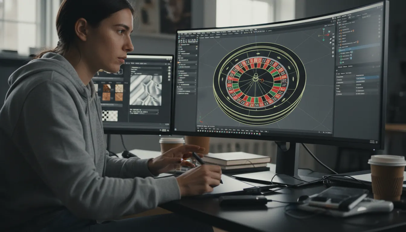 Grafik 3D modelujący ruletkę kasynową w programie graficznym