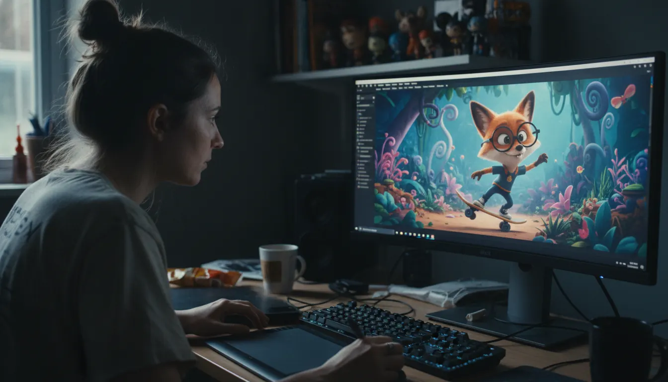 Animator 3D pracujący nad spotem reklamowym z postacią animowaną na monitorze
