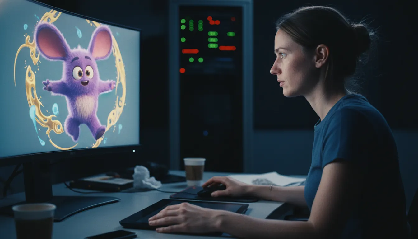Animator 3D pracujący nad spotem reklamowym z postacią animowaną na ekranie
