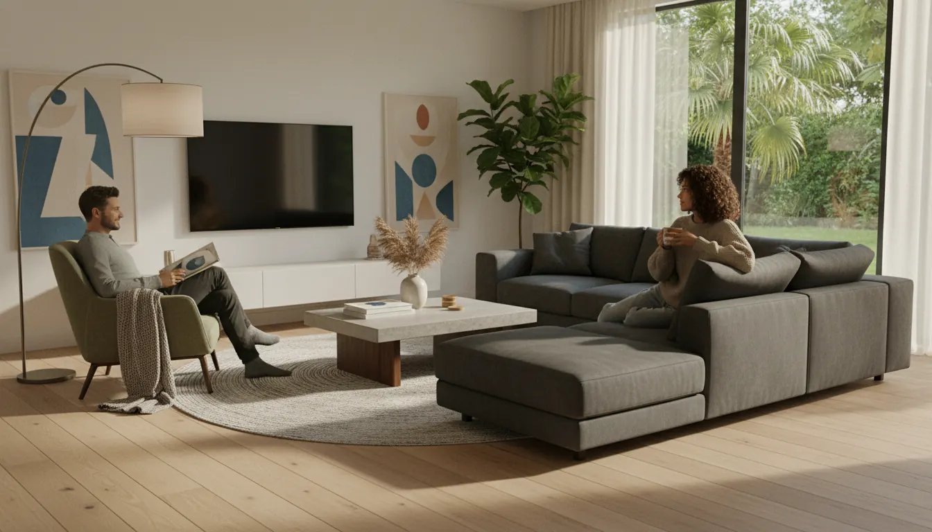Fotorealistyczna wizualizacja 3D nowoczesnego wnętrza salonu z drewnianą podłogą